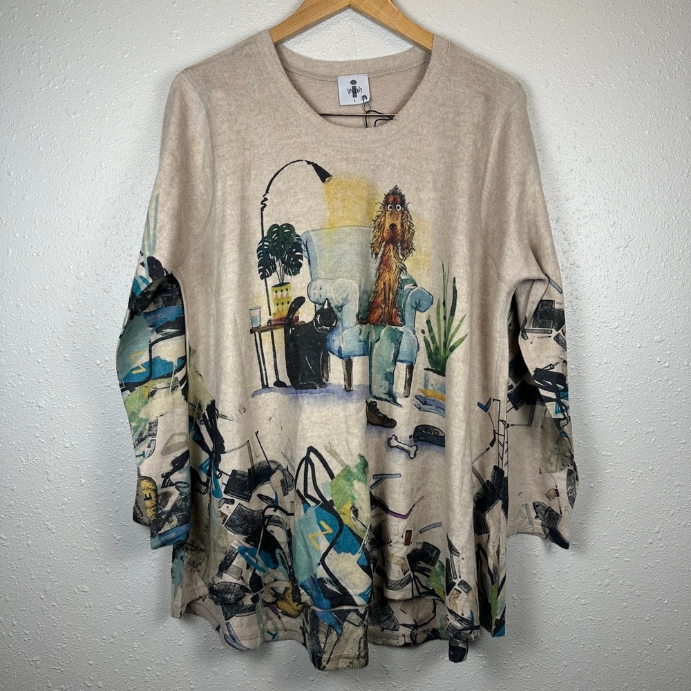 NEW inoah Sz L Crewneck Sweater Tunic Dog Cat Print High Low Abstract Lagenlook
